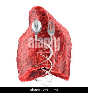 Genetic Food Modification, DNA Food, concetto. Carne fresca con cucchiaio e forchetta come spirale per DNA. Rendering 3D isolato su sfondo bianco Foto Stock