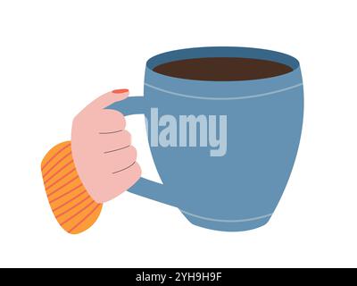 Illustrazione piatta della tazza di caffè grande in mano Illustrazione Vettoriale