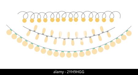 Ghirlande con luci e lampade, set piatto vettoriale Illustrazione Vettoriale