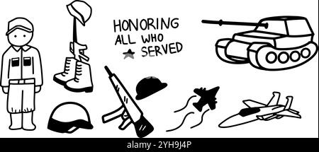 Illustrazione del set del Veterans Day | Doodle Vector minimalista per disegni patriottici e militari Illustrazione Vettoriale