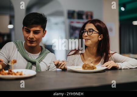 Gli studenti si godranno una vivace pausa pranzo nella caffetteria della scuola mentre si impegnano in una conversazione allegra Foto Stock