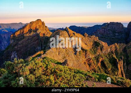 Vista all'alba delle aspre cime montuose di Madeira, con calde tonalità arancio e verde. Gli escursionisti si fanno strada lungo il sentiero di montagna. Foto Stock