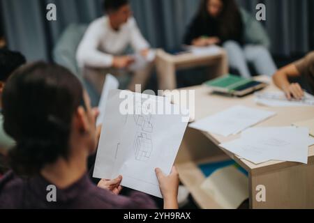 Gli studenti partecipano a una sessione di apprendimento collaborativa che esamina i progetti architettonici in aula Foto Stock