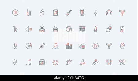 Audio, musica, registrazione vocale e apparecchiature di riproduzione, set di icone della linea di strumenti musicali. Onde sonore e altoparlanti, radio e cuffie, microfono con contorno nero e rosso sottile, simbolo vettoriale Illustrazione Vettoriale
