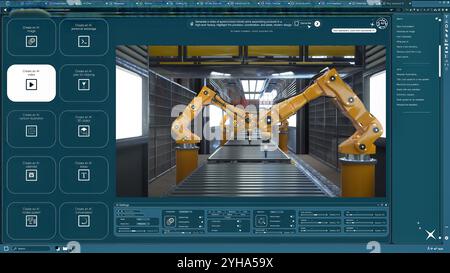 Software DI INTELLIGENZA ARTIFICIALE che trasforma i messaggi di testo in video dei prodotti di assemblaggio dei bracci robotizzati. Generatore di intelligenza artificiale da testo a video che trasforma le parole in clip di una fabbrica industriale ad alta tecnologia Foto Stock