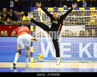 Linköping, SVEZIA 20241110Emil Jakobsen danese lancia un rigore nella traversa contro il portiere svedese Andreas Palicka durante la partita di pallamano di domenica nella EHF Euro Cup tra Svezia e Danimarca alla Saab Arena di Linkoping, Svezia, 10 novembre 2024. Foto: Stefan Jerrevång/TT/codice 60160 credito: TT News Agency/Alamy Live News Foto Stock