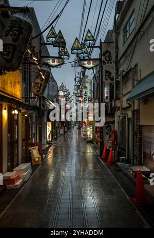 Ristoranti e negozi di Nakano Broadway a Tokyo, presi al crepuscolo sotto la pioggia Foto Stock