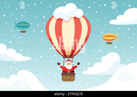 Babbo Natale vola su una mongolfiera. Poster natalizio per il design natalizio. Illustrazione vettoriale. Concetto di trasporto Illustrazione Vettoriale