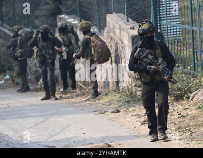 Srinagar, India. 10 novembre 2024. SRINAGAR, INDIA - 10 NOVEMBRE: Army para commandos si spostano verso il sito di incontro nell'area di Nishat, il 10 novembre 2024 a Srinagar, India. Un'operazione congiunta di polizia e forze di sicurezza lanciata nella foresta di Zabarwan, Srinagar, basata su informazioni specifiche sulla presenza di terroristi. Durante l'operazione si verificò uno scambio di fuoco. (Foto di Waseem Andrabi /Hindustan Times/Sipa USA ) credito: SIPA USA/Alamy Live News Foto Stock