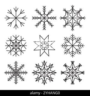 Icona vettoriale fiocco di neve. Forme geometriche invernali. Simbolo della neve con linea nera. Elementi di progettazione congelati. Illustrazione Vettoriale