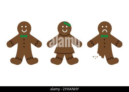 Icona dei caratteri Gingerbread. Biscotti felici e tristi. Set di dolcetti natalizi. Illustrazione vettoriale festiva. Illustrazione Vettoriale