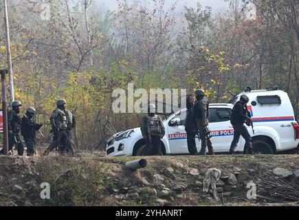 Srinagar, India. 10 novembre 2024. SRINAGAR, INDIA - 10 NOVEMBRE: I soldati dell'esercito si spostano verso il luogo di incontro nell'area di Nishat, il 10 novembre 2024 a Srinagar, India. Un'operazione congiunta di polizia e forze di sicurezza lanciata nella foresta di Zabarwan, Srinagar, basata su informazioni specifiche sulla presenza di terroristi. Durante l'operazione si verificò uno scambio di fuoco. (Foto di Waseem Andrabi /Hindustan Times/Sipa USA ) credito: SIPA USA/Alamy Live News Foto Stock