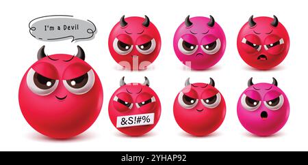Set di caratteri vettoriali emoticon Devil. Personaggi di emoji 3d rossi e viola come daemon, mostro, elementi grafici di emoticon cattivi, arrabbiati e malvagi Illustrazione Vettoriale