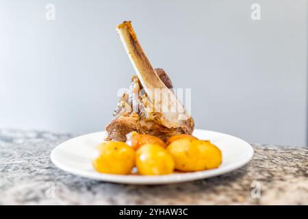 Codoli di agnello arrosto stufato di carne bruna raffreddato con patate sul primo piano del piatto bianco Foto Stock
