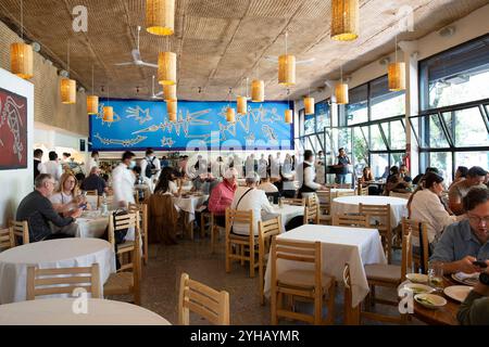 Città del Messico, Messico. 17 ottobre 2024. La gente mangia al ristorante Contramar di città del Messico, Stato del Messico, Messico giovedì 17 ottobre 2024. Il pescado a la talla della chef Gabriela Cámara è un pesce intero a farfalla con salsa rossa di cile su un lato e salsa verde di prezzemolo sull'altro lato. È stato un successo sin dall'apertura del ristorante nel 1998. È diventato uno dei piatti più replicati nei ristoranti di tutto il mondo, apparendo ovunque da Dallas a Cincinnati fino alla Grecia. (Foto di Bénédicte Desrus/Sipa USA) credito: SIPA USA/Alamy Live News Foto Stock