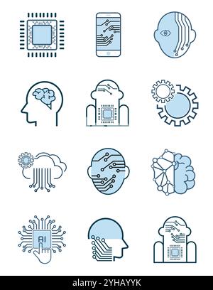 Set di icone di intelligenza artificiale. Collezione di pittogrammi a rete di alta qualità in stile moderno e piatto. Simbolo nero di apprendimento automatico per il web desig Illustrazione Vettoriale
