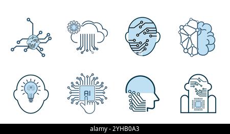 Set di icone intelligenza artificiale - IA, simboli in gruppi di disegni di sfondo bianco isorato Illustrazione Vettoriale