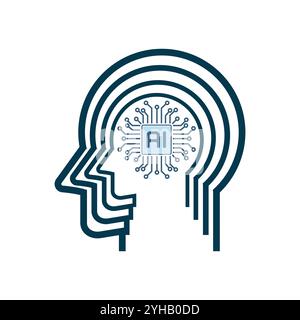 Testa e cervello dell'intelligenza artificiale per la connessione delle icone della tecnologia IA nell'illustrazione vettoriale, icona IA Set Robotic Brain in cima all'icona della vista superiore Illustrazione Vettoriale