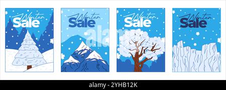 Vendita invernale collana poster brochure offerta speciale vacanze promozione annunci pubblicitari stagionali natura oggetti scenografici set di alberi di neve colorati montagna Illustrazione Vettoriale