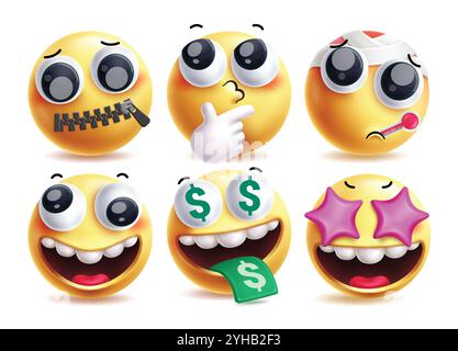 Set di caratteri vettoriali emoji ricchi. Personaggio della clipart emoji con espressione facciale come stupido, pensiero, febbre, sorriso sciocco, occhio ricco e stellare Illustrazione Vettoriale