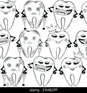 Un motivo stravagante e senza cuciture con denti da cartone animato, completo di espressioni divertenti e vari accessori divertenti. Grafica vettoriale in bianco e nero disegnata a mano nella grafica in linea per la stampa su carta e tessuto. Illustrazione Vettoriale
