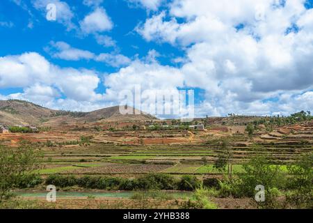 Una tranquilla scena rurale in Madagascar, caratterizzata da campi terrazzati verdi e marroni. Un villaggio lontano può essere visto annidato tra le colline ondulate. L'immagine Foto Stock