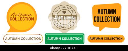 Collezione autunnale promozione stagionale commercio offerta pubblicitaria annunci mercato prodotti vendita vendita francobollo stagione badge colorato adesivo emblema design Illustrazione Vettoriale