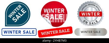 Vendita invernale promozione stagionale pubblicità stagione commerciale badge promozionale badge colorato negozio annunci speciali banner adesivi design emblema Illustrazione Vettoriale