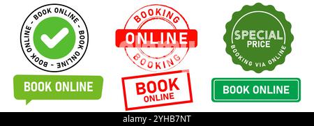 Prenota online prenotazioni e-commerce al dettaglio sito web del ristorante dell'hotel prenotazione servizio timbro badge etichetta etichetta etichetta colorata set di icone di design Illustrazione Vettoriale