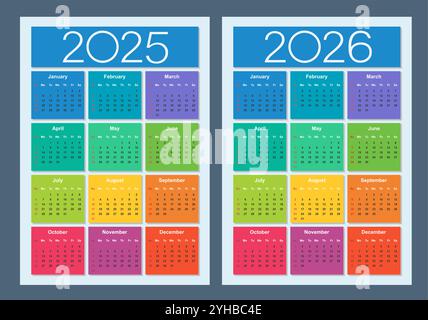 Calendario colorato per 2025 e 2026 anni. La settimana inizia domenica. Illustrazione vettoriale isolata. Illustrazione Vettoriale