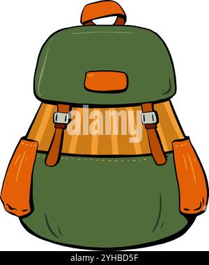Elegante zaino verde con vivaci dettagli arancioni, perfetto per avventure all'aperto. Illustrazione dello schizzo vettoriale. turismo Illustrazione Vettoriale