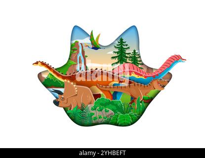 La carta tagliava l'impronta dei dinosauri con cartoni animati preistorici e rettili. Telaio di carta vettoriale in 3d con impronta di dinosauro con tyrannosaurus rex, triceratops e dicraeosaurus dino Illustrazione Vettoriale