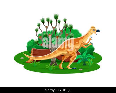 Pachycephalosaurus personaggio di dinosauro preistorico. Genere isolato di vettori di cartoni animati di dinos ornitischiani. Animale erbivoro del cretaceo superiore in una lussureggiante foresta verde con alberi e piante Illustrazione Vettoriale