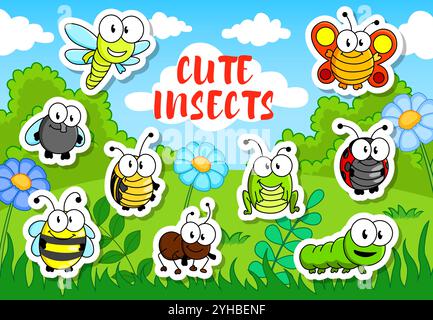 Cartoni animati simpatici personaggi insetti confezione adesivi, carini insetti vettoriali. Divertente farfalla, formica, api e mosche, coccinella, cavalletta, personaggi di insetti dragonfly, worm o caterpillar sullo sfondo del campo di fiori Illustrazione Vettoriale