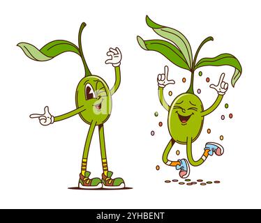 Olive goffrate personaggi retrò di divertenti e funky verdure comiche, icone vettoriali dei cartoni animati. Le olive rigogliose sono amiche con un sorriso felice e sorridono la festa con coriandoli in buone vibrazioni per le emoji alimentari Illustrazione Vettoriale