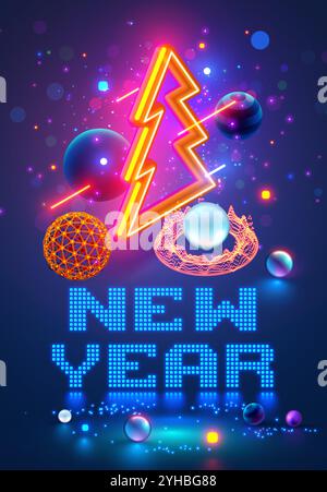 Banner di Natale e Capodanno in stile informatico. Albero di natale isometrico con palline da decorazione, carte tecnologiche fintech appese nel cyberspazio. Illustrazione Vettoriale