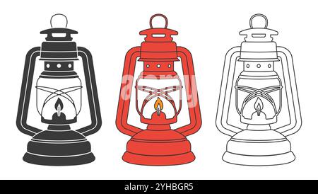 Collezione vintage di modelli simbolo della silhouette di una lanterna da campeggio. Set grunge con logo lampada a gas retrò. Lanterna tempesta. Illustrazione vettoriale. Isolato su Illustrazione Vettoriale