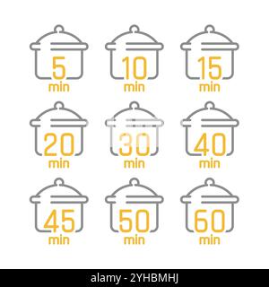 Set di icone del vettore del tempo di cottura. Cuocere o bollire per 5, 10 o 20 minuti. Illustrazione Vettoriale