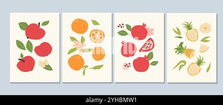 Manifesti moderni astratti con frutta, collezione flat design. Set di carte verticali con frutti tropicali interi, fette, pezzi. Mela, arancia, pomegran Illustrazione Vettoriale