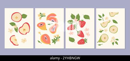 Manifesti moderni astratti con frutta, collezione flat design. Set di carte verticali con frutti tropicali interi, fette, pezzi. Papaya, fragola, pisello Illustrazione Vettoriale