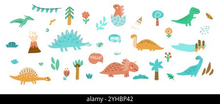 Set di dinosauri per bambini, sfondo di cuccioli di animali. Collezione di personaggi dei dinosauri, pacchetto. Può essere utilizzato per adesivi e poster. Doodle baby Animals per bambino Illustrazione Vettoriale