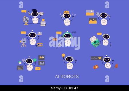 Robot di intelligenza artificiale. Intelligenza artificiale che genera testi, immagini, video, musica, audio, lavorare con la grafica finanziaria, attrezzature mediche. Intelligenza artificiale generativa Illustrazione Vettoriale