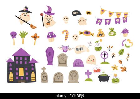 Set di elementi per la festa di Halloween per bambini. Collezione di simpatici fantasmi in costumi da streghe, tombe, foglie autunnali, veleni. Festa per la decorazione delle feste dei bambini Illustrazione Vettoriale