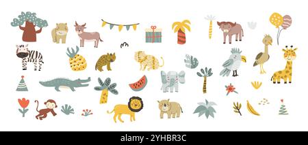 Set di animali per bambini. Elefante africano, leone, rinoceronte, scimmia, zebra, leopardo, iena e altri simpatici animali tropicali. Raccolta di chara per bambini Illustrazione Vettoriale