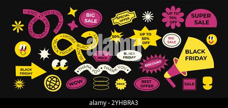 Adesivi e patch per il Black friday, etichette e prezzi di vendita. Brutalismo estetico forme e figure y2k. Illustrazione Vettoriale