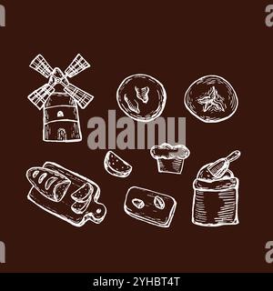 Collezione di pane in stile retrò. Schizzo di frumento, panini, croissant, farina, mulino e altre icone. Elementi rurali del raccolto, panetteria. Illustrazione Vettoriale