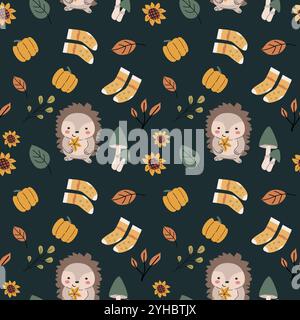 Autunno giorno del ringraziamento motivo senza cuciture con foglie e zucche. Design decorativo della mietitura. Sfondo quadrato con foglie, ghiande, noci. Bambini Illustrazione Vettoriale