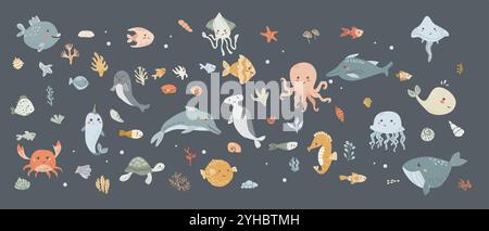Carini animali marini per bambini. Raccolta di elementi subacquei marini. Gli abitanti dell'oceano sono una serie di delfini, balene e altri simpatici personaggi. Acquatica selvatica Illustrazione Vettoriale