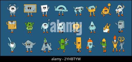 set di caratteri scolastici y2k. Collezione di forniture scolastiche con facce divertenti. Lavagna, righelli e altri articoli di cancelleria. mascotte retrò per la scuola dell'anno 2000. Ai personaggi della scuola. Illustrazione Vettoriale