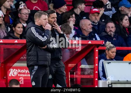 NOTTINGHAM, INGHILTERRA - 10 NOVEMBRE: L'allenatore del Newcastle United FC Eddie Howe e l'assistente allenatore del Newcastle United FC Jason Tindall guardano durante la partita di Premier League tra Nottingham Forest FC e Newcastle United FC al City Ground il 10 novembre 2024 a Nottingham, Inghilterra. (Foto di René Nijhuis/MB Media) Foto Stock